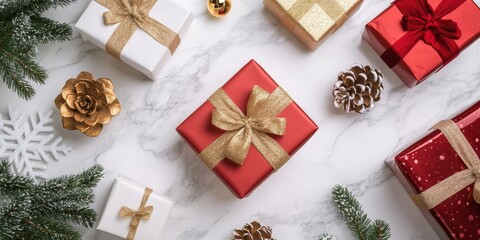 A collection of wrapped gifts with gold bows and snowflake ornaments arranged on a marble countertop.