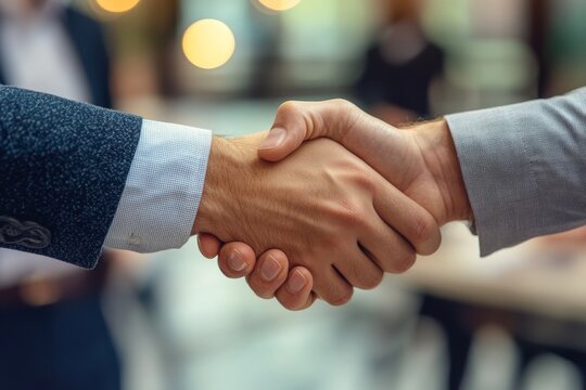 Two hands meeting in a firm handshake with blurred background of office setting.