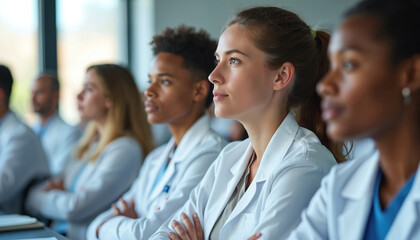 Diverse young students in white lab coats sit in modern classroom. Attentively listen to lecture, learning about medicine, health science, focusing on studies. Group prepares for future careers in