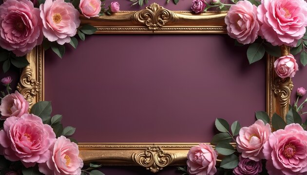 Ornate gold frame with blooming pink, purple roses, green leaves. Elegant floral design borders dark magenta background. Empty antique picture frame provides great copy space. Classic romantic