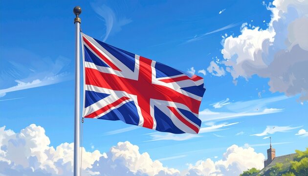 "Union Jack flying proudly against a blue sky and green hills, symbolizing British identity and national pride."