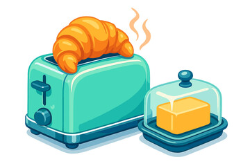 Steaming croissant popping out of a retro turquoise toaster next to a covered butter dish