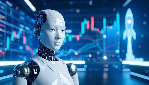 A futuristic robot gazing thoughtfully at financial data in a modern environment. The robot embodies advanced technology and artificial intelligence
