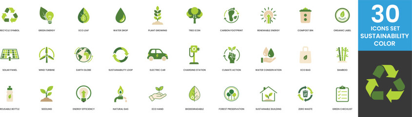 Set of 30 Green and Eco Friendly Icons for Sustainability Renewable Energy Earth Conservation Recycling Solar Power Wind Turbine Electric Vehicle Water Drop