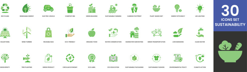 30 Green Icons Set for Sustainability Ecology Renewable Energy Electric Vehicle Compost Recycling Building Farming Carbon Footprint Diet Energy Efficiency LED