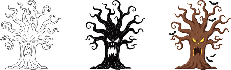 Halloween spooky haunted trees vector set