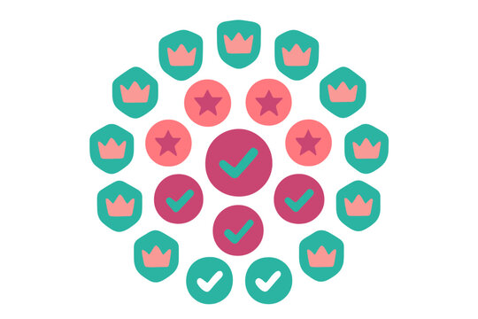 Colorful radial pattern featuring success and verification symbols like crowns stars and checkmarks