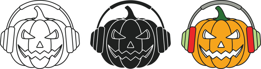 Halloween pumpkin with headphones icon set