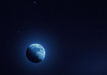 Fototapeta premium Deep indigo night sky filled with countless twinkling stars contrasting sharply with the ethereal glow of a mysterious, bright blue moon ,starlight, science, dream