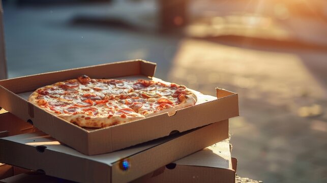 A close-up of a pizza in a cardboard box, placed on top of another box. The scene is illuminated by warm sunlight, creating a cozy atmosphere.