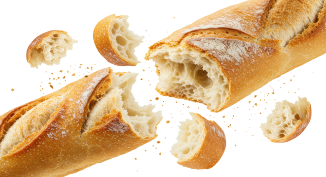 Freshly baked golden-brown French baguette with crispy crust, breaking into irregular pieces, suspended mid-air against a transparent background with copy space. Concept of freshness and artisan