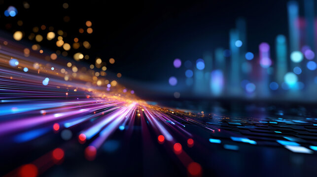 Defocused abstract visualization of financial data streams moving across a digital network, glowing gradients, with copy space