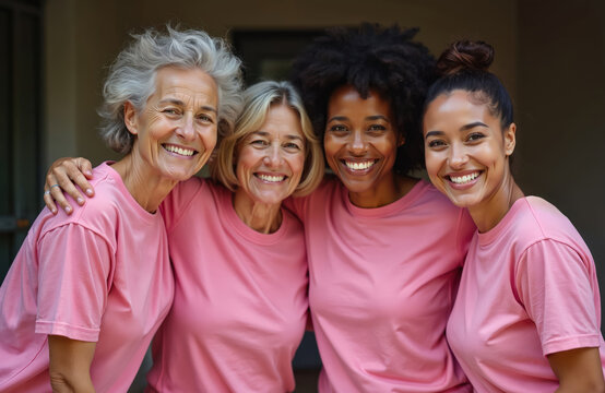Four women of different ages and ethnicities smile together wearing pink shirts. They represent support for breast cancer awareness and unity. Diverse females are friends sharing a positive moment.