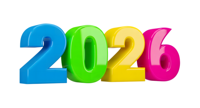 2026 new year colorful 3D. isolated on transparent background
