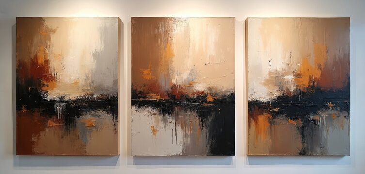 Three abstract paintings adorn studio wall. Textured brushstrokes create blend of brown orange white black colors. Nonfigurative art series display deep emotional impact, inviting contemplation. - Powered by Adobe