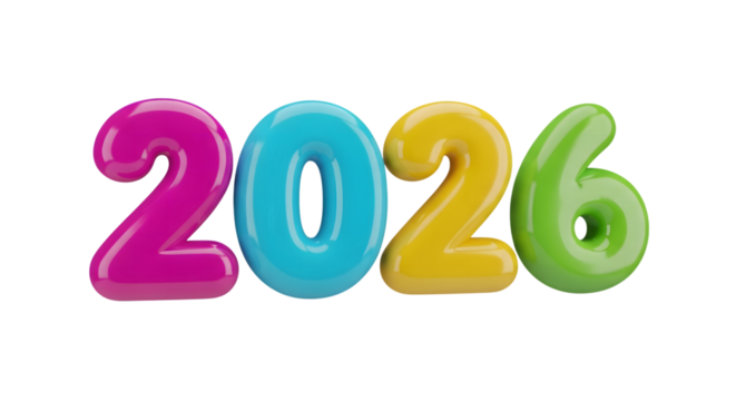 2026 new year colorful 3D. isolated on transparent background
