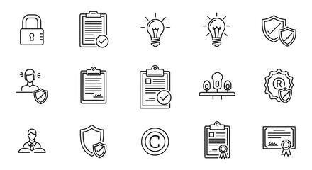 Collection of Icons Representing Intellectual Property and Security Concepts. EPS Editable
