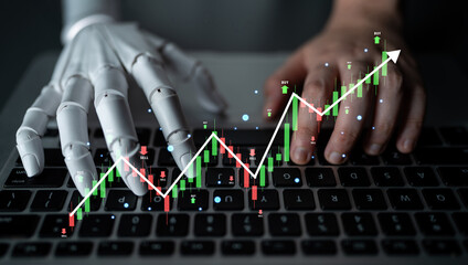 An AI analysis of a stock market candlestick chart showing a bull trend. A concept of AI financial...
