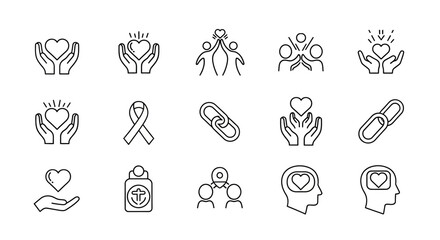 Collection of Line Icons Representing Charity Support and Community. EPS Editable