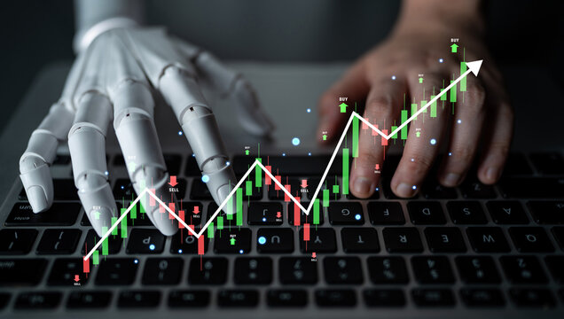 An AI analysis of a stock market candlestick chart showing a bull trend. A concept of AI financial investment with automated trading signals. Motif