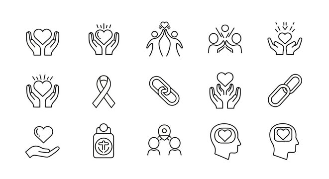 Collection of Line Icons Representing Charity Support and Community. EPS Editable