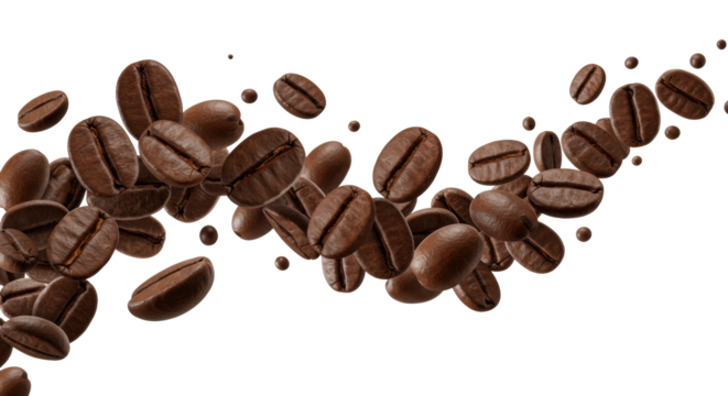 Dark roasted coffee beans with rich brown hues and oily sheen, intricately textured, suspended in a wave-like arc against a transparent background with copy space, concept for premium coffee