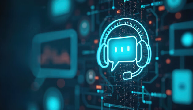 Customer support icon with headset symbol on digital interface. Virtual agent gives tech assistance in online chat. Client service help desk graphic for remote call center communication. AI chatbot