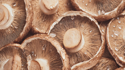 Fresh brown mushrooms with water drops. Natural texture background for healthy organic food and vegan recipes