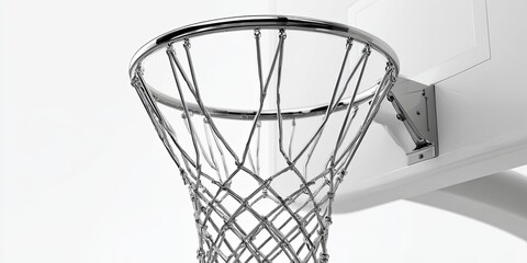 Close-Up of a Shiny Basketball Hoop with a Net, Isolated on a White Background, Ideal for Sports, Fitness, or Recreation Themed Projects