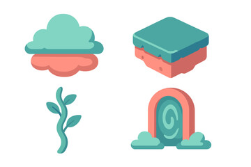 Abstract collection of stylized nature and fantasy elements including a cloud, isometric block, plant vine, and magical portal icon set