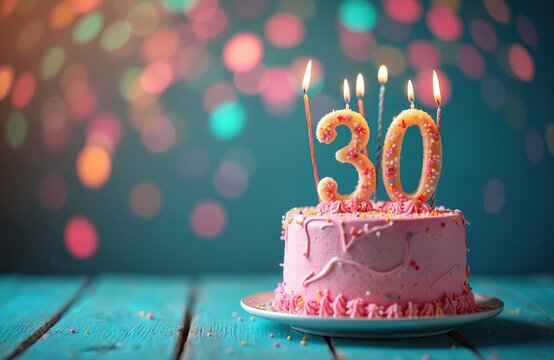 Pink sweet birthday cake burning number thirty candles. Sprinkles decorate surface. Festive dessert sits on blue wood table. Colorful bokeh lights blur background. Marks special thirtieth year