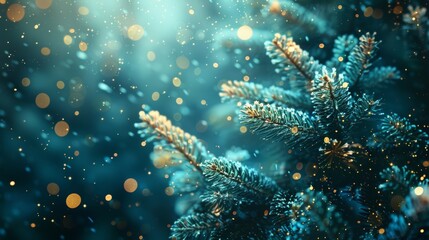 Obraz premium Enchanting Winter Pine Tree with Snowflakes and Sparkling Bokeh Lights for Holiday Season Magic