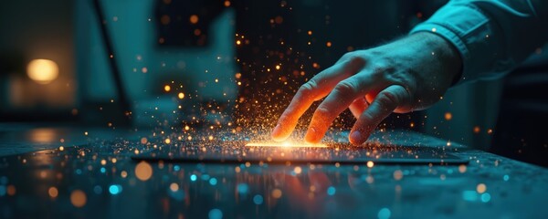 Mans hand interacts with hologram on laptop screen. Digital technology in use. Modern interface shows data transfer with sparkled light effect. Futuristic business, augmented reality, innovations,