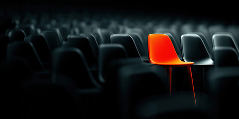 Red chair standing out among dark chairs. Innovation, leadership and individuality background for creative success concept