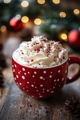 The festive beverage is decorated with red and white candy sprinkles on whipped cream.