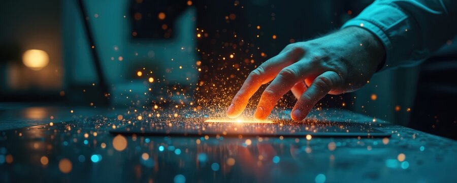 Mans hand interacts with hologram on laptop screen. Digital technology in use. Modern interface shows data transfer with sparkled light effect. Futuristic business, augmented reality, innovations, - Powered by Adobe