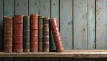 Old books with worn leather covers sit on rustic wooden shelf. Vintage literature collection shows history, knowledge. Aged volumes create nostalgic atmosphere. Classic novels, textbooks, wisdom,