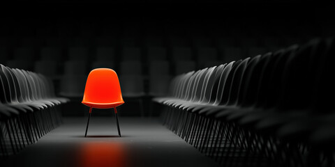 Red chair standing out among black chairs in dark room. Leadership, originality and success concept background banner