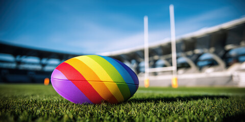 Rugby ball with rainbow colors on grass field. Symbol of diversity, inclusion and equality in sports background