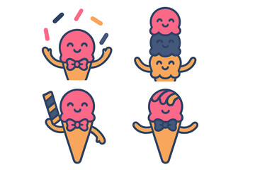Collection of four happy cartoon ice cream cone characters with smiling faces