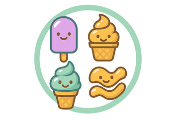 Collection of cute frozen desserts including popsicles and soft serve cones