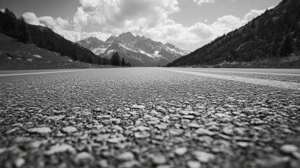 A winding road stretches out towards a breathtaking mountain range under a cloudy sky.