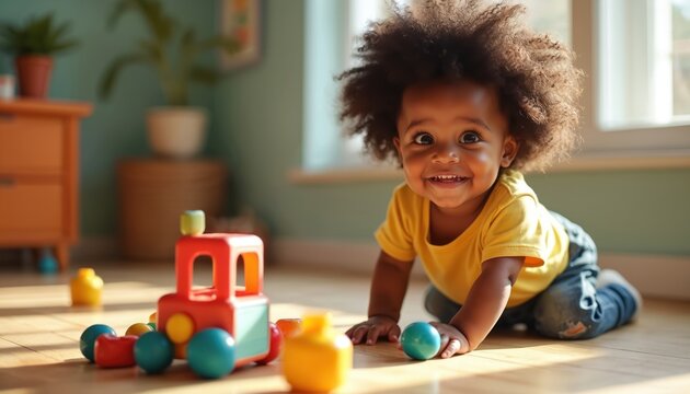 Smiling black baby boy crawls on wooden floor playing with colorful toy truck and blocks. Toddler with curly hair enjoys playtime indoors in sunlit room. Young child explores fun.