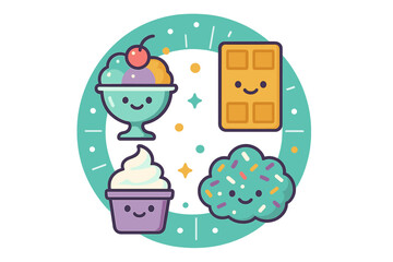 Kawaii sweet treats collection featuring ice cream sundae, waffle, whipped topping, and candy cloud