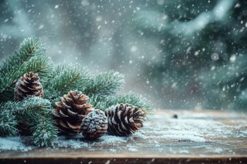A festive arrangement of pinecones dusted with snow on a wooden surface against a blurred snowy background.