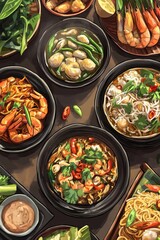 Artistic illustration of a variety of seafood dishes served in bowls on a table. Includes shrimp, squid, herbs, garlic, chili peppers, noodles, and various vegetables.