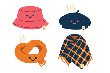 Cute cartoon set of warm winter accessories including a bucket hat, beret, knotted scarf, and plaid blanket