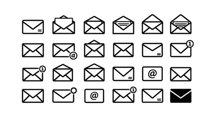 Collection of Various Email Envelope Icons in Black and White Communication Symbols. EPS Editable