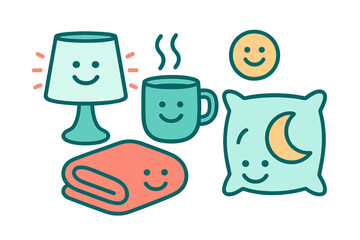 Cute comfort objects with smiling faces: lamp, mug, blanket, and pillow set