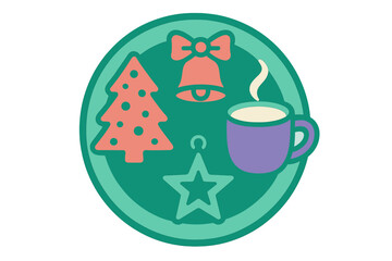 Festive winter holiday badge with Christmas tree bell and hot beverage mug